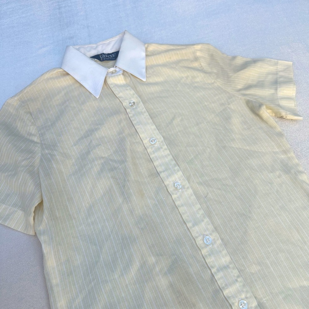 DEE CEE Vintage 80s Blouse Size 7-8 Yellow White Striped Pointed Collar Made USA